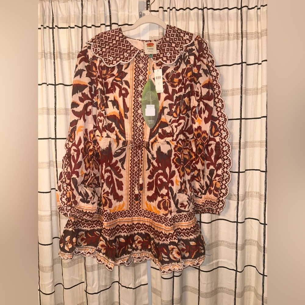 Farm Rio Toucan Scarf Eyelet Trim Mini Dress